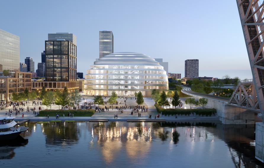 Front view of Discovery Partners Institute's new Chicago headquarters
