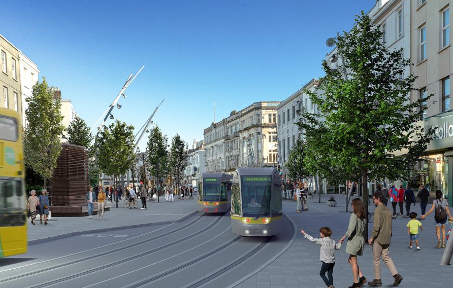 Artist impression of shopping area with light rail transit.