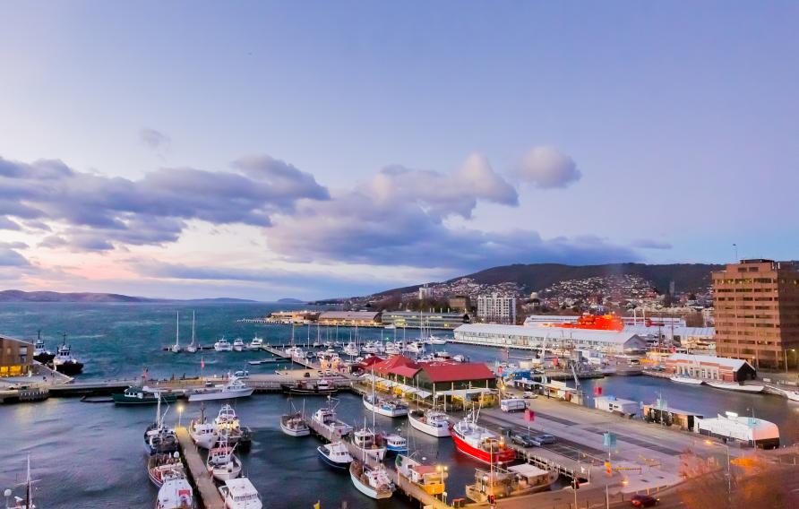 Aerial view of Hobart Harbor in Tasmania at dusk