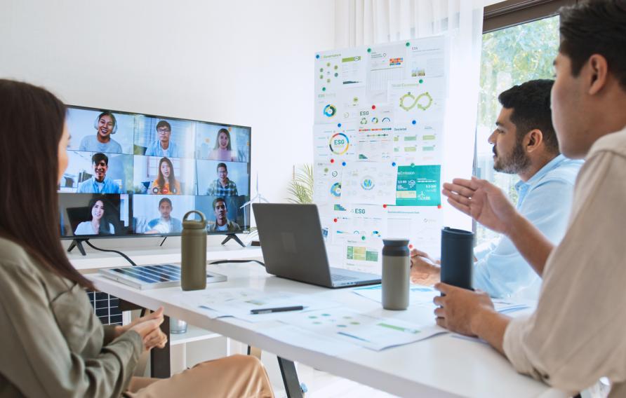 Young group of Asian businesspeople in team meeting, online video conference call on ESG (Environmental, social, corporate governance) discussion. Sustainable business practice, people work at home