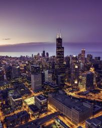 Chicago skyline aerial view at dusk, United States