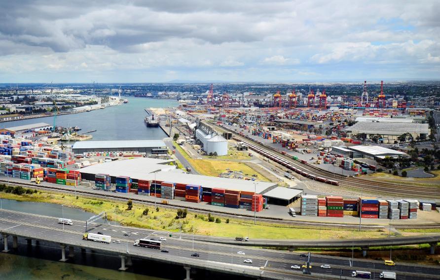 Harbor and container shipping docks in Docklands district