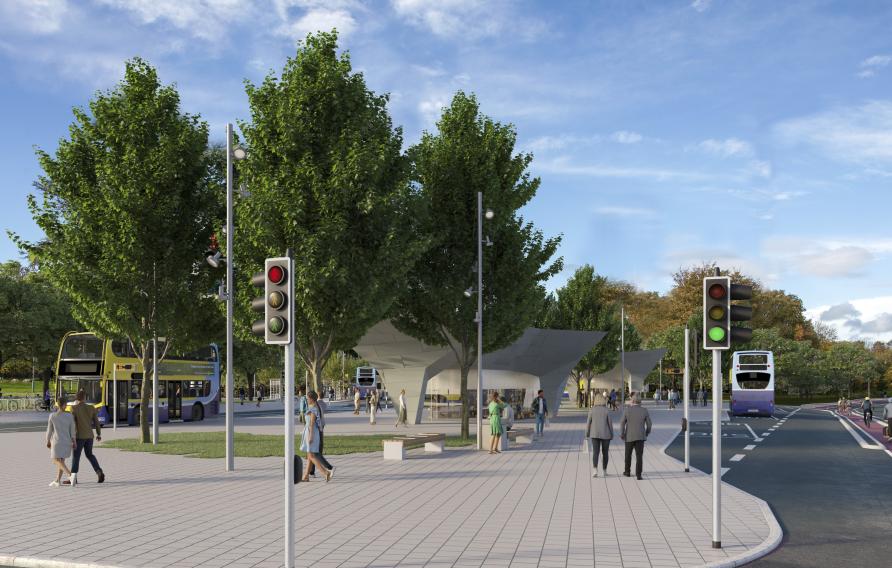 Illustration of proposed bus corridors infrastructure with bus stops, roads, pedestrian paving.