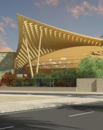 Architectural render of the main facade of the Sinnovate technology hub in Saudi Arabia