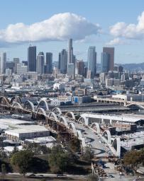 Arial view of City of Los Angeles and Sixth Street Viaduct by day