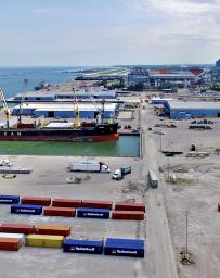 Aerial view of the Port of Cleveland, including warehouse