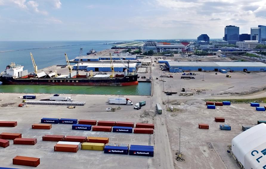 Aerial view of the Port of Cleveland, including warehouse