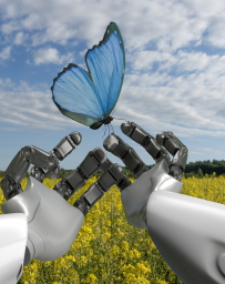 Silver robot arms in a yellow field holding a blue butterfly against a blue cloud filled sky